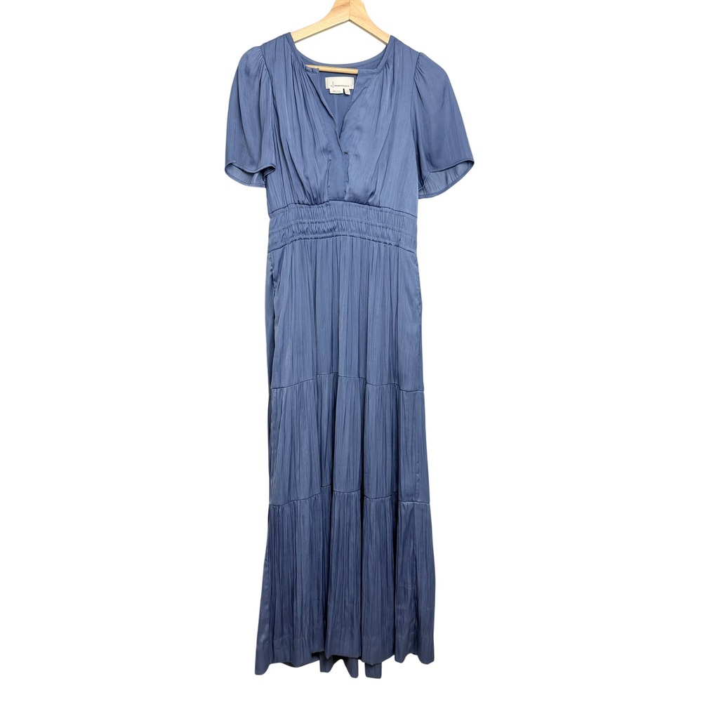 Anthropologie Somerset Maxi Dress Blue Silky Smocked Waist Tiered V-Neck Small
